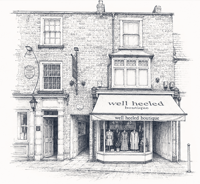An illustrated drawing of the Well Heeled Boutique storefront at 49 Market Place, Thirsk